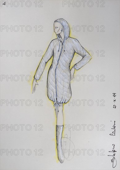 Fashion sketch, fashion design, women's fashion, fashion collection Prêt à porter autumn-winter 1999-2000, pencil drawing, watercolour pastel, watercolour, pastel, acrylic tempera, acrylic, on paper, elegant, feminine, slim, boots, jersey coat