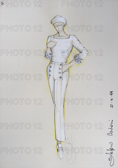 Fashion sketch, fashion design, women's fashion, fashion collection Prêt à porter autumn-winter 1999-2000, pencil drawing, watercolour pastel, watercolour, pastel, acrylic tempera, acrylic, on paper, elegant, feminine, slim, jersey blouse, trousers, shoes