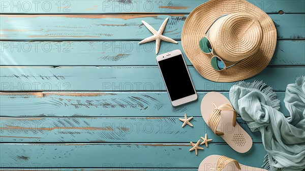 Flat lay style of beach accessories on seafoam blue rusty wooden background with left copy space, AI generated