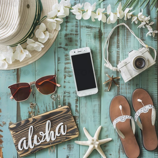 Flat lay style of Hawaiian beach accessories on seafoam green rusty wooden background, AI generated