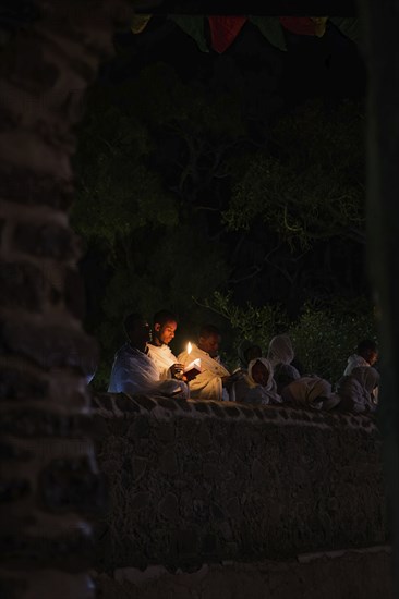 People gathering at Timkat festival at Fasilides Bath in Gondar, Ethiopia, Africa