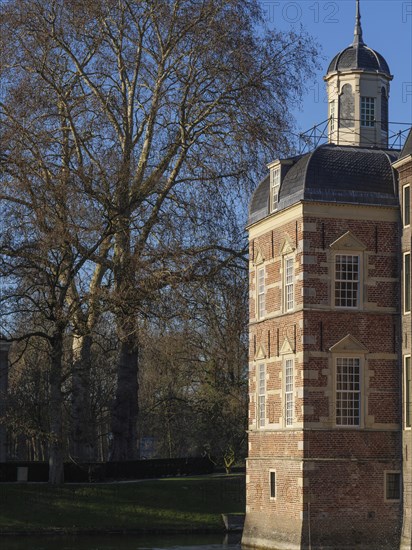 Brick castle tower in a wintry park landscape, ruurlo, gelderland, the netherlands