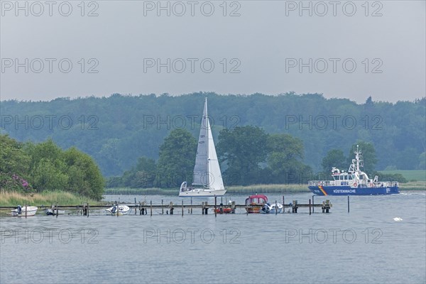 Jetty, sailing boat, coastguard boat, Ellenberg, Kappeln, Schlei, Schleswig-Holstein, Germany, Europe