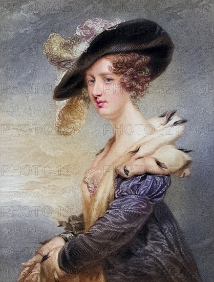 Georgiana Agar-Ellis, Lady Dover, 1804-1860, woman of George Agar-Ellis. Painted by H. Robinson after J. Jenkins. From the book National Portrait Gallery Volume I, published in 1830, digitally restored reproduction from a 19th century original, record date not stated