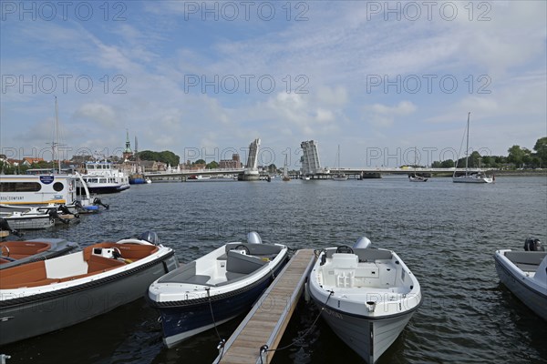 Open bascule bridge, boats, harbour, Kappeln, Schlei, Schleswig-Holstein, Germany, Europe