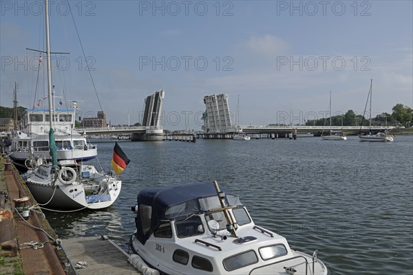 Open bascule bridge, boats, harbour, Kappeln, Schlei, Schleswig-Holstein, Germany, Europe