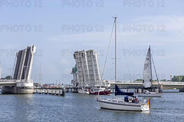 Open bascule bridge, sailing boats, Kappeln, Schlei, Schleswig-Holstein, Germany, Europe