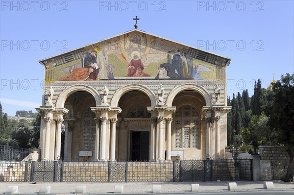 The Church of All Nations also known as the Basilica of the Agony. It is a Roman catholic church located on the Mount of Olives in Jerusalem, Israel. The mosaic on the facade shows Jesus as the mediator between God and man