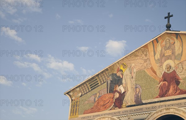 The Church of All Nations also known as the Basilica of the Agony. It is a Roman catholic church located on the Mount of Olives in Jerusalem, Israel. The mosaic on the facade shows Jesus as the mediator between God and man