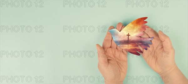 Pentecost sunday, dove and religious cross, Holy Spirit, Jesus Christ, Christianity, belief and faith