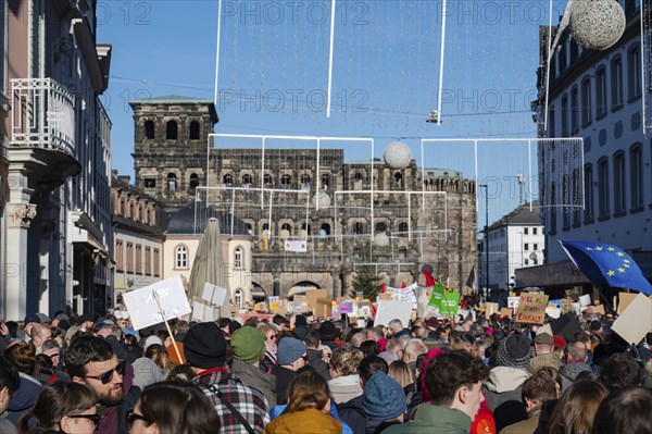 Protest against right wing AFD in Trier, Germany, 28.01.2024, demonstration for human rights, no discrimination and racism, diversity, humanitarian, multiethnic crowd, Europe