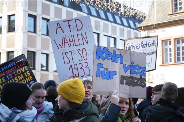 Protest against right wing AFD in Trier, Germany, 28.01.2024, demonstration for human rights, no discrimination and racism, diversity, humanitarian, multiethnic crowd, Europe