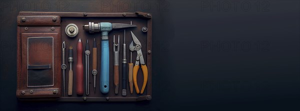 Tool kit with pliers, hammer and screwdriver in a wood box, repair service, labor day