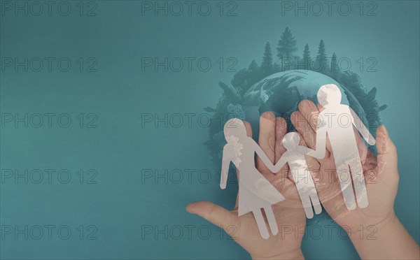 Family with planet earth as silhouette, environment concept, connect and protect to nature, global world, earth day