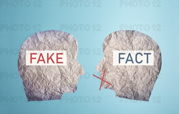 Fake or fact on a head, false and truth information, propaganda and conspiracy theory concept, media and manipulation, cancel culture