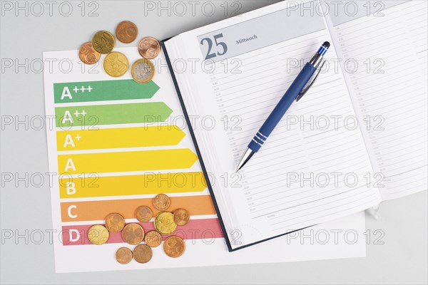 Energy crisis, calendar with a pen and power consumption, increasing prices, high living expenses, gas and electricity costs, inflation