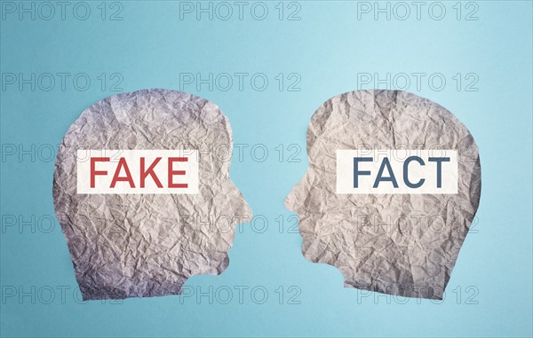 Fake or fact on a head, false and truth information, propaganda and conspiracy theory concept, media and manipulation, cancel culture