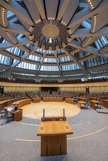 Lectern in the plenary chamber of the North Rhine-Westphalia state parliament in Düsseldorf, North Rhine-Westphalia, Germany, Europe