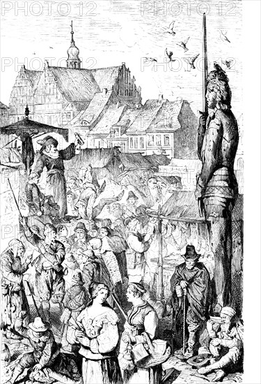 Brandenburg market in the 17th century, crowd, market stall, stalls, Roland, trade, old town, market square, beggars, woman, men, Prussian history, historical illustration 1882