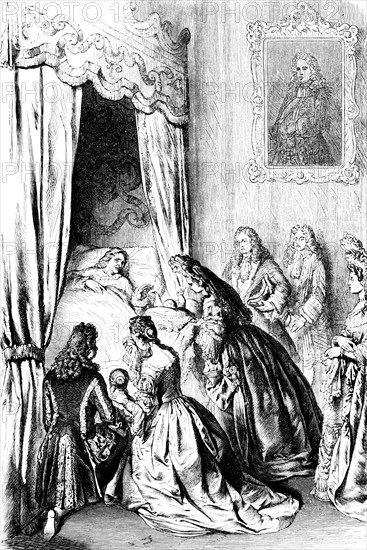 The dying King Frederick I gives his blessing to the one-year-old Prince Frederick, year of death 1713, Prussian history, deathbed, curtain, heir, heir to the throne, family, courtiers, historical illustration 1882