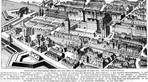 Berlin with the electoral palace and part of the fortress in 1688, after B. Schulz, explanations, residence, pleasure garden, mint, cathedral, town hall, city railway, bridges, Prussian history, historical illustration 1882