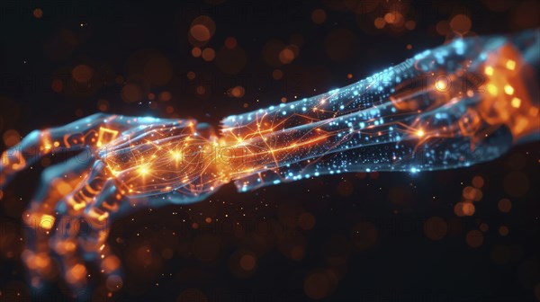 A digital rendering of an arm composed of circuits, glowing in blue and orange against a dark background, AI generated