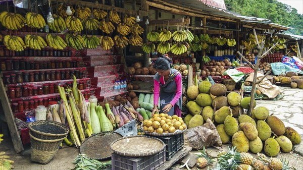 Women street vendor selling fruits, vegetables and locally made pickles at Guwahati to Shillong road in Meghalaya, India on Monday 6 August 2018