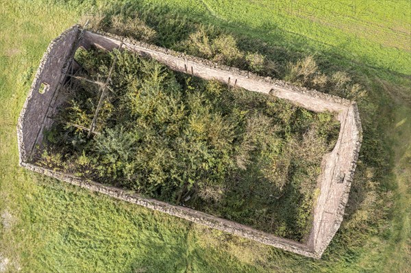 Aerial view of ruins of an old barn near Fürstenberg, Weser River, district of Höxter, Germany, Europe