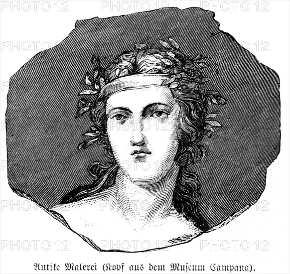 Portrait of a woman, face, curls, headband, dreaming look, antique painting, head from the Campano Museum, historical illustration 1880, Orient