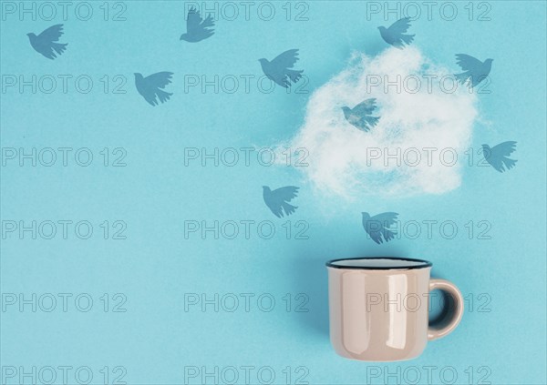 Cup of coffee with a steam cloud, birds flying to the sky, pastel colors, brainstorming for ideas, mindset of freedom, creative business idea, optimistic future, taking a break