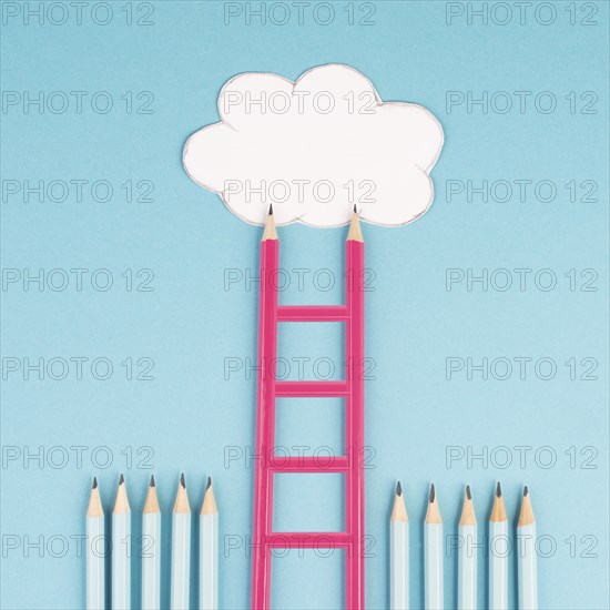 Ladder of success build with pencils, opportunity strategy, blue background, copy space for text, step by step concept, progress in business and education, have a goal