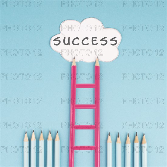 Ladder of success build with pencils, opportunity strategy, blue background, copy space for text, step by step concept, progress in business and education, have a goal