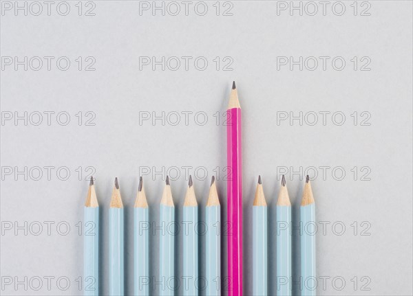 Blue pencils in a row, one pink pen is standing out, be different, leadership and teamwork concept