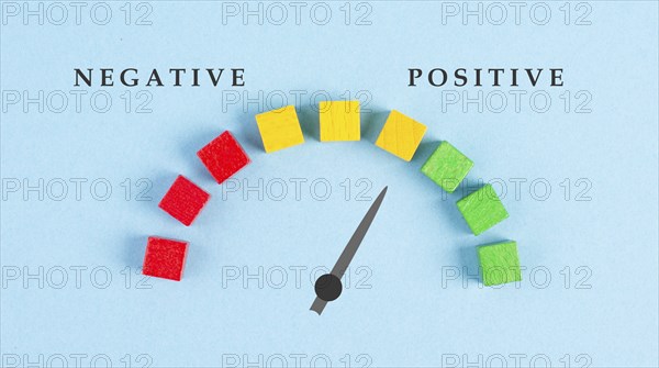 Tachometer negative and positive, business and service rating, evaluation concept, marketing, mood board, arrow points to the green cubes