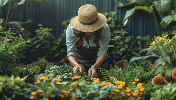 A woman in a straw hat tending to various plants and flowers in a lush green garden, AI Generated, AI generated