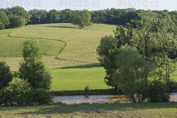 View of the cultural landscape from the Kocher cycle path between Gelbingen and Untermünkheim, Schwäbisch Hall, Kocher valley, Kocher, Heilbronn-Franken, Baden-Württemberg, Germany, Europe