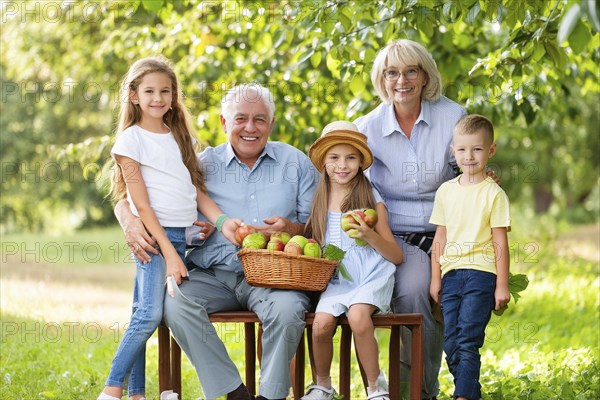 Grandparents and grandchildren outside in summer, all smiling, with a basket of apples. Harmonious and cheerful scenery, AI generated, AI generated