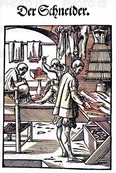 The Tailor, woodcut from the, Das Staendebuch, a famous series of woodcuts of the craft of Amman, 1568, Germany, craft, labour, craftsman, digital reproduction of an original from the 19th century, original date unknown, Europe