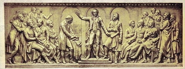 Opening of the first Westphalian state parliament, relief by Hugo Hagen on the Heinrich Friedrich Karl von und zum Stein imperial monument in Berlin, Germany, digital reproduction of a 19th century original, original date unknown, Europe