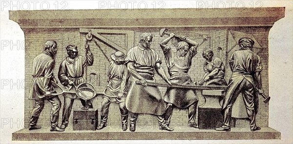 Casting and forging iron, a relief by Friedrich Drake on the monument to Beuths von Kiss in Berlin, craft, labour, craftsman, digital reproduction of an original 19th century model, original date unknown