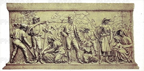 The archaeological relief on Thaers' monument in Berlin shows that the harvest work was the last work of Christian Daniel Rauch and was completed by Hugo Hagen, digital reproduction of an original 19th century model, original date unknown