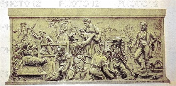 The archaeological relief for Christian Daniel Rauch's monument to Thaers in Berlin shows the washing of the sheep in front of shearing, executed by Hugo Hagen, digital reproduction of an original 19th century model, original date unknown