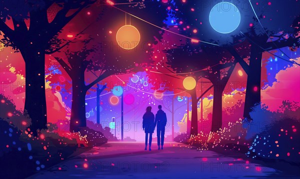 A couple walking down a path with colorful lights and lanterns. Scene is romantic and dreamy AI generated