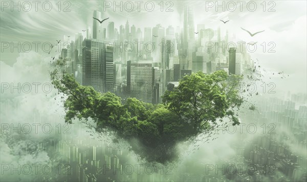 Futuristic green city suspended in the clouds, blending skyscrapers with lush trees, depicting a harmonious balance between urban and natural environments AI generated