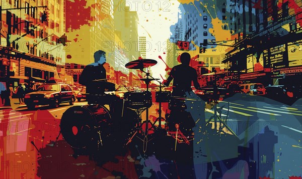 Two drummers silhouetted against a vibrant, abstract cityscape filled with colorful buildings and urban life AI generated