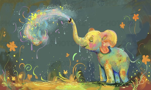 A colorful elephant is spraying water from its trunk. The elephant is sitting in a field of flowers AI generated