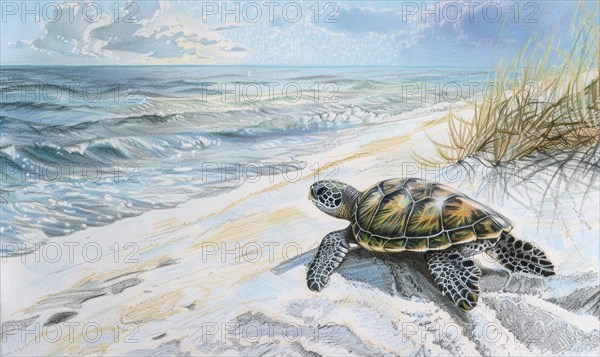 A turtle is walking on the beach near the ocean. The turtle is small and he is looking out to sea. The scene is peaceful and serene, with the sound of the waves in the background AI generated