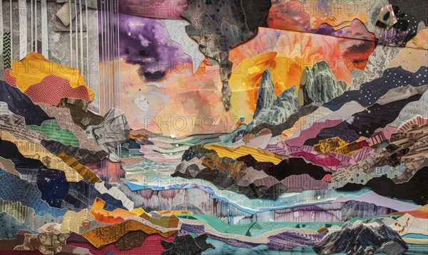 A colorful painting of a mountain range with a river running through it. The painting is made up of various pieces of paper and has a dreamy, whimsical feel to it. AI generated