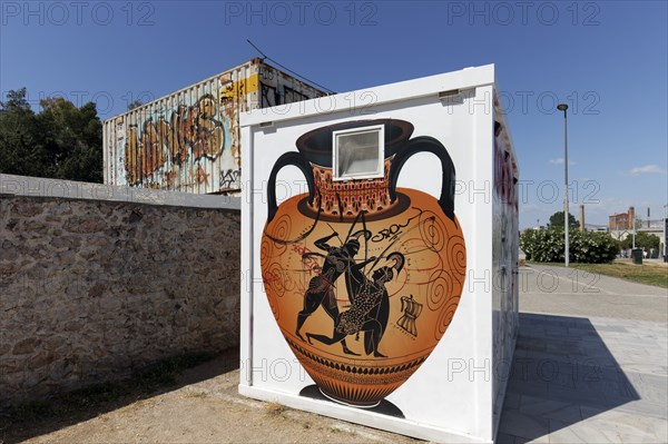 Greek amphora with scene from Greek mythology, fighting Heracles, graffiti painted on construction container, Kerameikos district, Athens, Greece, Europe