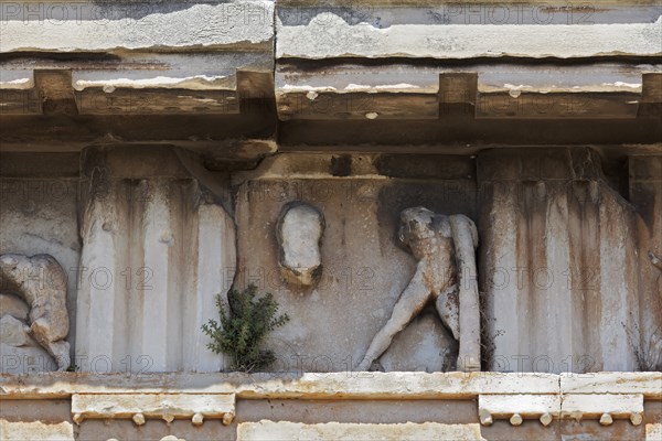 Triglyph frieze with remains of a heroic figure, detail from the Temple of Hephaestus, Theseion, Agora, Athens, Greece, Europe